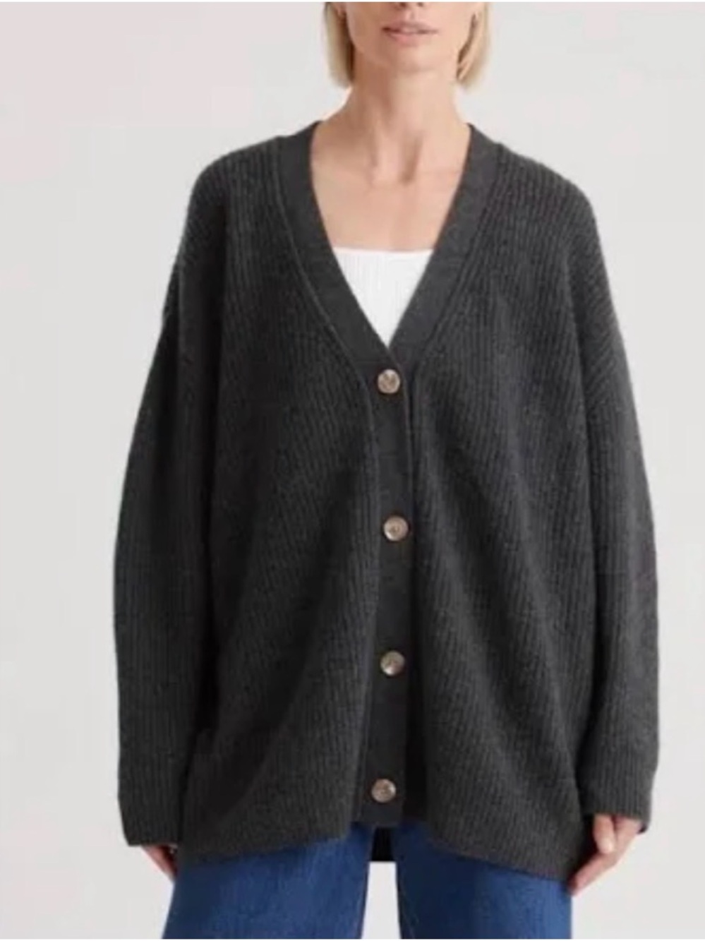 Quince Charcoal Ribbed V-Neck Button Cardigan